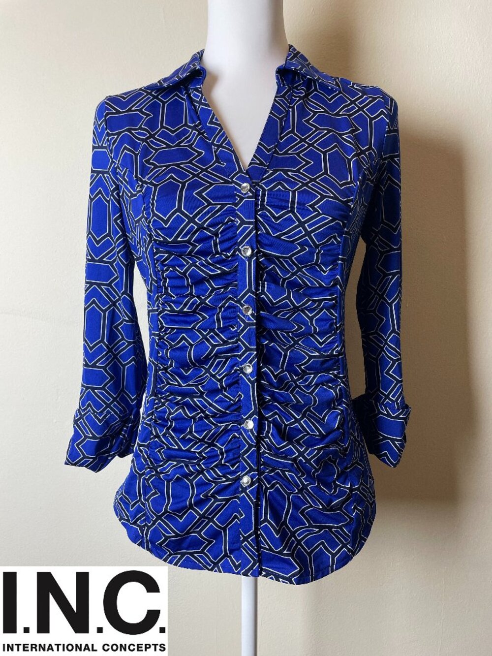 INC International Concepts Women Geometric Print Vibrant Blue Blouse Size S EUC
